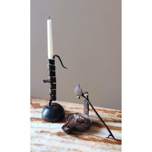Set Of 2 Wrought Iron Folk Art Lights, 18th/19th Century, Cellar Rat And Oil Lamp.