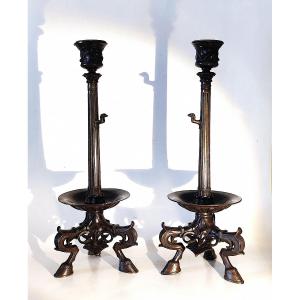 Pair Of Large Antique-style Patinated Bronze Candlesticks, Maison Barbedienne, Paris, 19th Century.