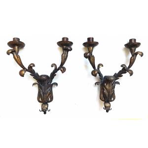 Pair Of Italian Baroque Sconces In Gilded Iron From The 19th Century.