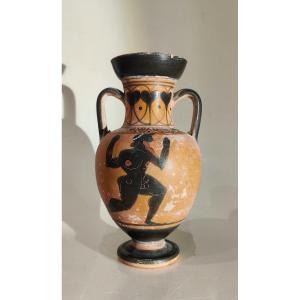 Small Greek-style Vase With Black Figures, Painted Terra Cotta, Italy, Late 19th Century.