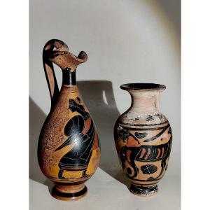 Set Of 2 Small Greek-style Vases, Painted Terra Cotta, Italy, Late 19th Century.