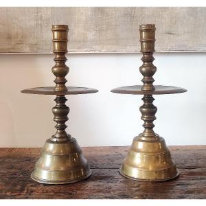 Pair Of Large Bronze Disc Candlesticks , Holland , 18th Century