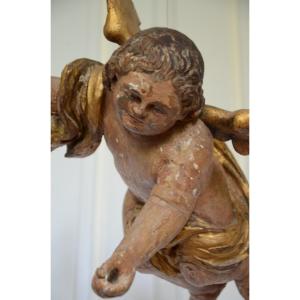 Carved And Gilded Wooden Angel. Eighteenth Century.
