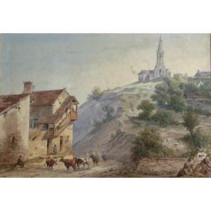 Village View With Peasant Family - Gobaut Gaspart - Watercolor