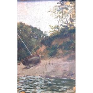 Small Boat Stranded - Gustave Bourgain - Oil On Panel