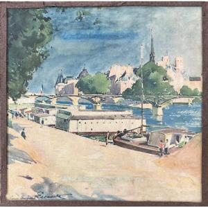 Paul Emile Lecomte (1877-1950). Watercolor View Of The Quays Of Paris