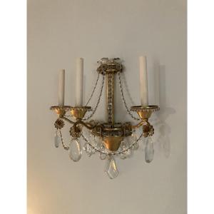 Pair Of Wall Sconces In Gilt Bronze, Crystals And Pearls.