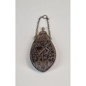 Perfume Bottle Made From A Coconut Shell Carved With Musical Instruments - 19th Century