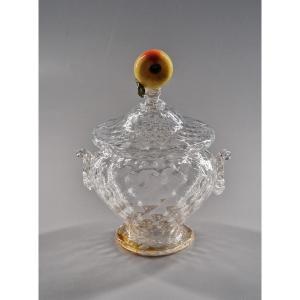 Honeycomb-shaped Blown Glass Jam Pot, The Handle In The Shape Of Fruit - Venice, 19th Century