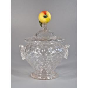 Honeycomb-shaped Blown Glass Jam Pot, The Handle In The Shape Of Fruit - Venice, 19th Century
