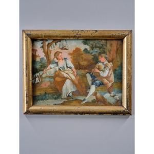 A Pastoral Scene, Reverse Painting On Glass - Late 18th Century