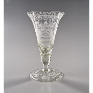 Glass With Engraved Decoration Of An Armorial Medallion And Military Attributes - Bohemia, 19th Century