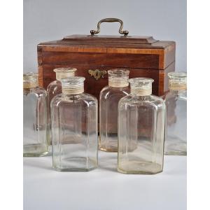 Six Octagonal Blown Glass Spirit Bottles, Rosewood Case - 18th Century