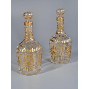 Pair Of Glass Bottles Cut With Pastilles And Gold Rosettes - 19th Century