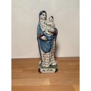 Statuette Of The Virgin And Child In Rennes Earthenware, 19th Century