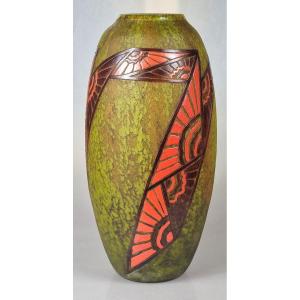 38 Cm High French Art Glassware: Legras Art Deco Style, Frosted And Enameled