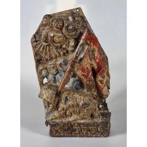 Antique Polychrome Wooden Lamb Of God – 18th Century Altar Piece – 31.5 Cm High