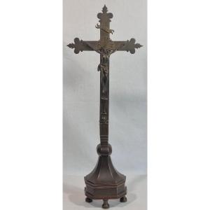 Bronze Crucifix – 59.5 Cm High – With Christ On The Cross, Chalice And Skull With