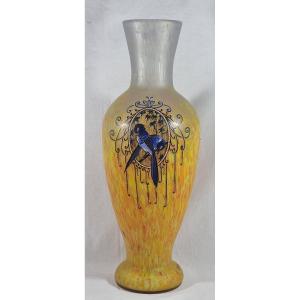 Large Art Nouveau Legras Vase – Printania Series – Enamel Birds