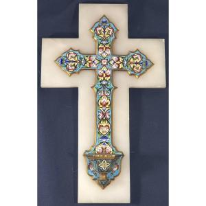 Antique French Art Nouveau Holy Water Font In Onyx And Cloisonné/enamel, Gilded With Fine Gold – Circa 1880
