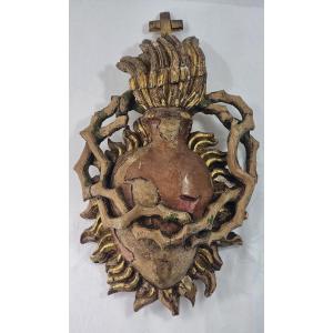 Sacred Bleeding Heart In Flames,  Polychrome Wood, 36 Cm, French 18th Century