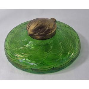Art Nouveau Loetz Inkwell 1910 In Art Glass Feather Decoration Iridescent Green/blue Oil
