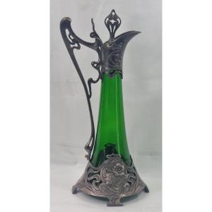 Antique German Art Nouveau Wine Carafe 1906 Silver-plated Pewter Wmf Art Glass