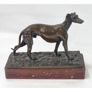 Antique French Bronze Whippet Desk Paperweight On Marble Base