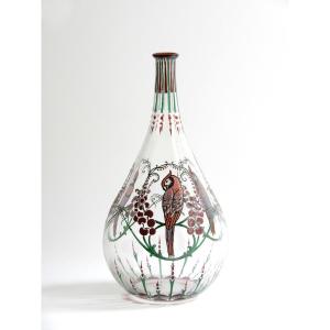 Vase Perruches Marcel Goupy Paris Art Deco Parakeet Vase, Hand-painted Enamel Decoration