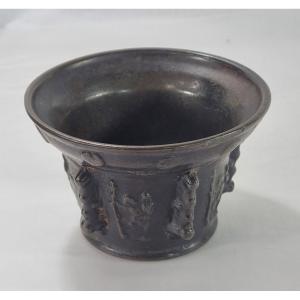 Antique Spanish Bronze Mortar From The 16th-17th Century With Saint Christopher