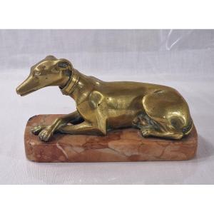 Antique Bronze Greyhound Seated On A Marble Base