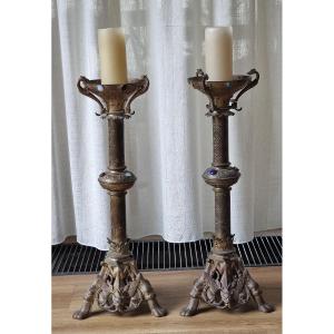 Antique Set Of Two Large Neo-gothic Church Chandeliers With Glass Stones