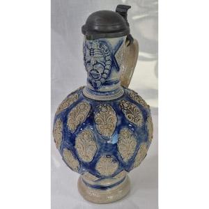 17th Century Westerwald Stoneware Pitcher With Pewter Lid (restored Handle)