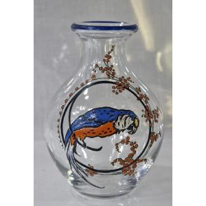 Small Art Deco Vase By Marcel Goupy Paris, Hand-painted Enamel Decoration Depicting A Parrot
