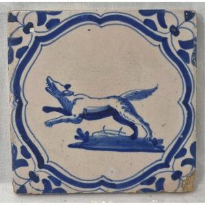 Antique 17th-century Delft Tile Depicting A Leaping Guard Dog In A Frame