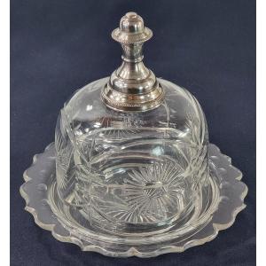 19th Century Dutch Crystal Butter Or Caviar Dish, With Silver Handle.