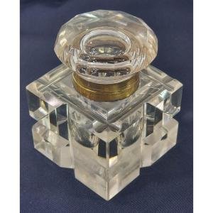 French Art Deco Crystal Inkwell, Cubic Shape. A Sturdy Crystal Inkwell In A Cubic Shape.