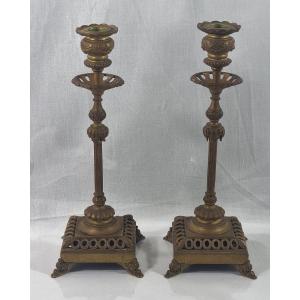 Antique Set Of Two Copper Candlesticks, 19th Century