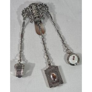 Antique Victorian Chatelaine In Solid Silver, 1872