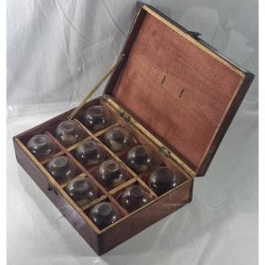 Antique Wooden Box Containing A Set Of 12 Bloodletting Glasses, 19th Century