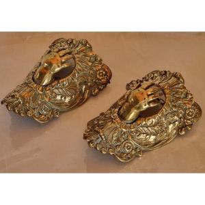 Set Of Two Antique Copper Billiard Corner Ornaments With Ball Catchers "open Hands"
