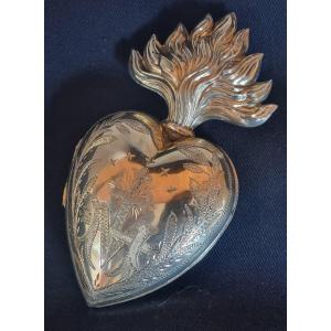 Sacred Flaming Heart In Sterling Silver, French Antique, Early 19th Century