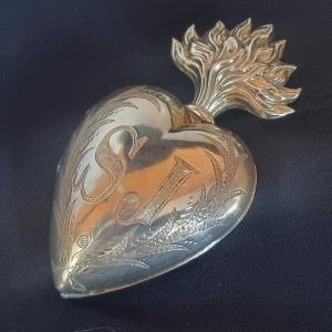 Ex-voto Of Saint Joseph, Solid Silver, Sacred Heart Of Fire, Early 19th Century
