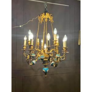 Chandelier In Gilt Bronze And Porcelain