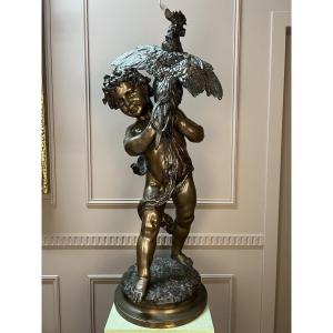 Child With Rooster, Bronze Sculpture By Emile Laporte