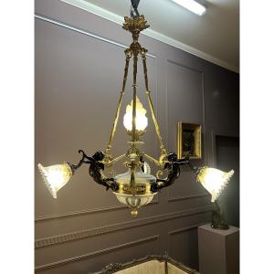 Gilded Bronze And Marble Chandelier With Cherubs