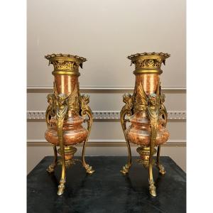 Pair Of Large Marble And Gilt Bronze Vases, 19th Century