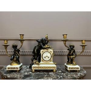 Patinated Bronze And Gilt Bronze Clockset, 19th Century