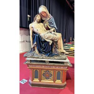 Large Polychrome Plaster Pietà On Wooden Base