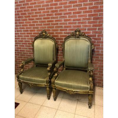 Large Pair Of Armchairs In Golden Wood And Rechampi